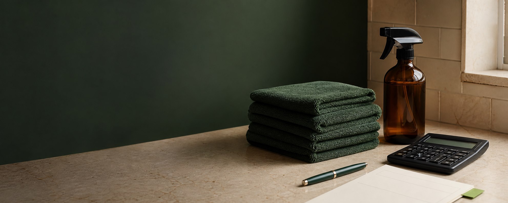 Professional cleaning cloths, calculator and spray bottle arranged on a work surface